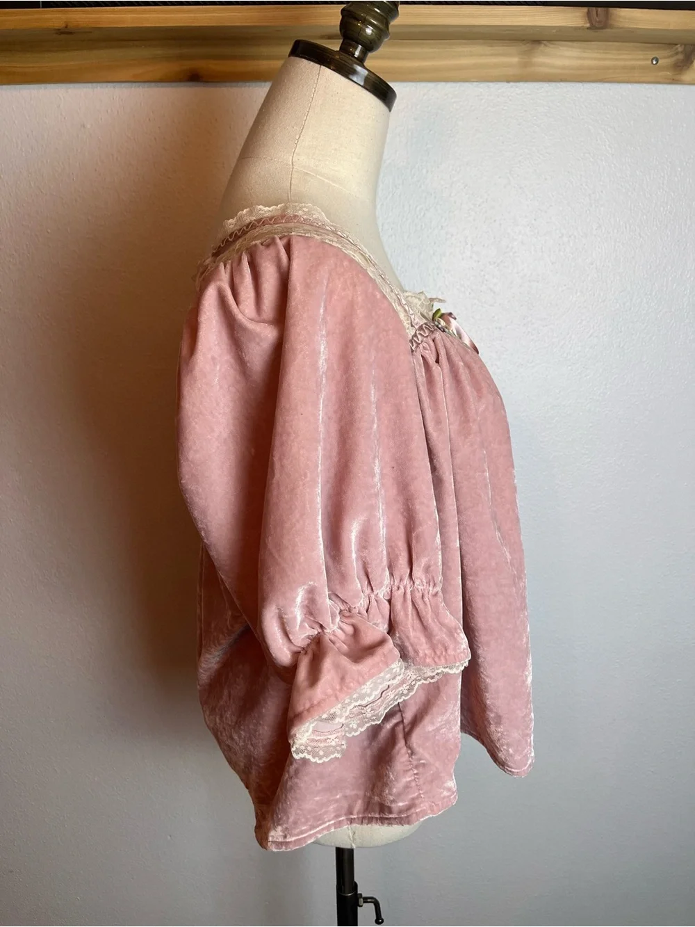 Free People Pink Velvet Peasant Blouse with Cream Lace and Embroidered Flowers